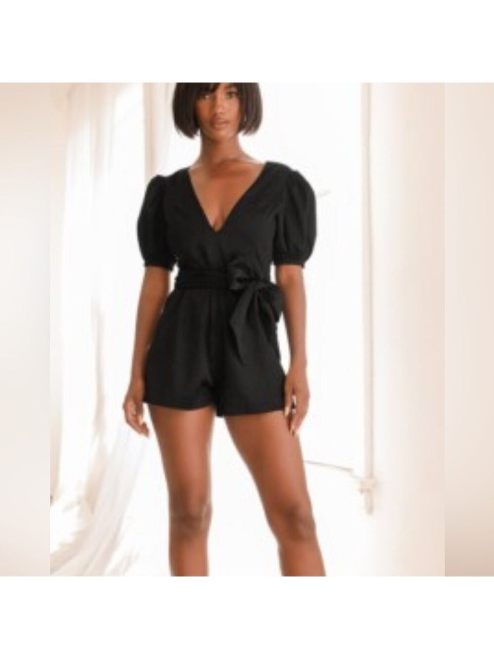 Topshop open back Black Puff Sleeve black textured belted Romper size 6